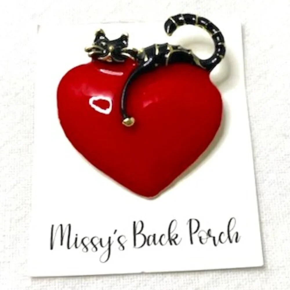 Cat Pin Brooch Enamel Black & Gold Kitty Sitting on Red Heart Missy's Back Porch